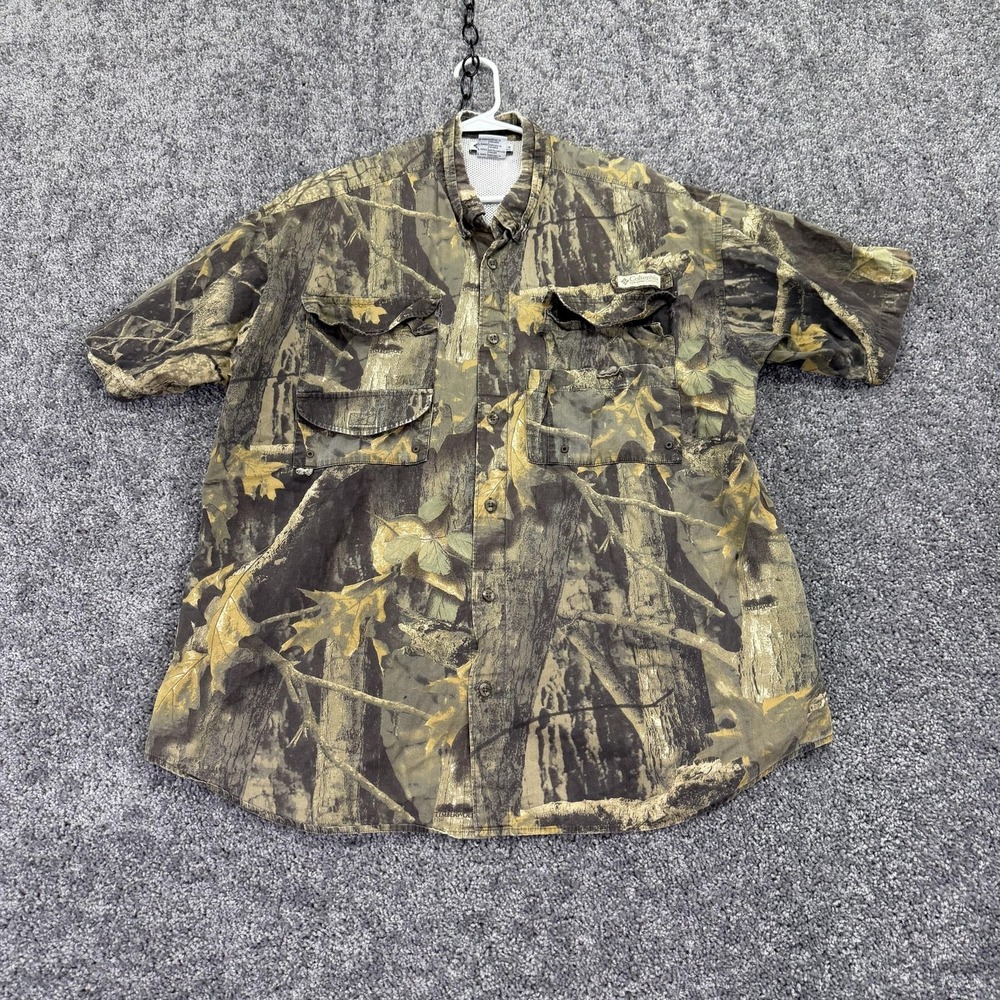 Columbia Shirt Mens Large Green Camo Short Sleeve Button PFG Timberwolf Hunting